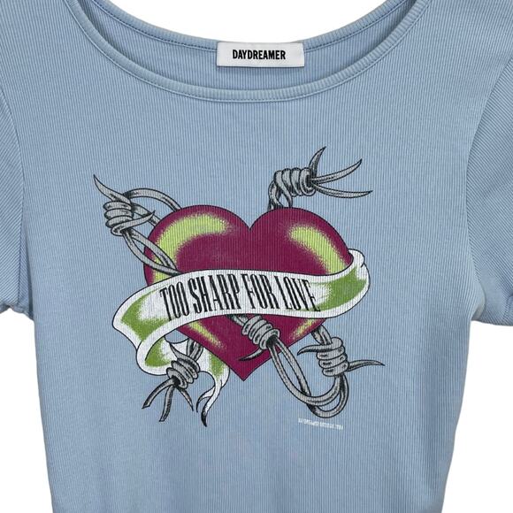Daydreamer Too Sharp To Love Baby Tee Large Ribbed Graphic Heart Tattoo Grunge - Picture 3 of 5